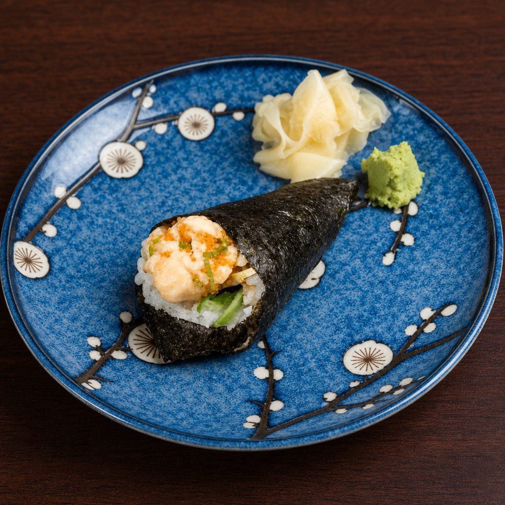 Spicy Scallop Hand Roll.