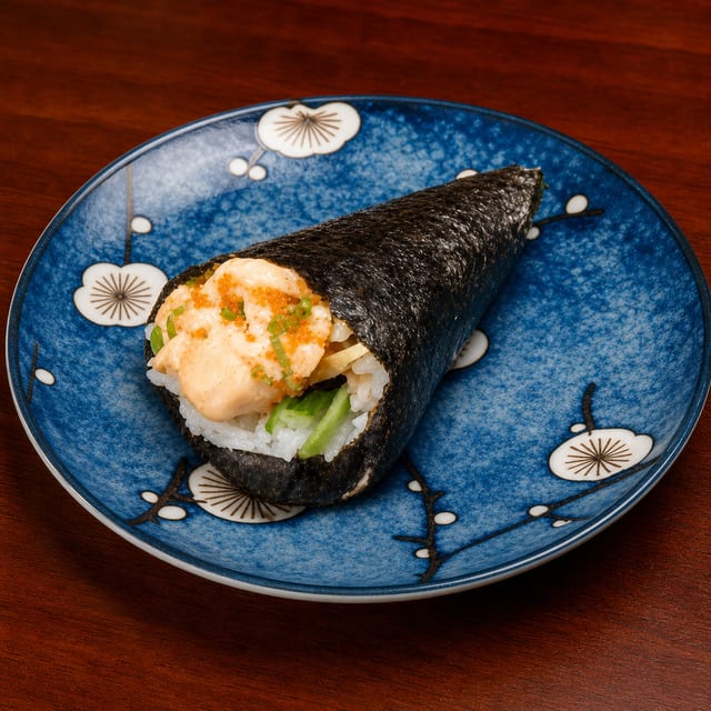 Spicy Scallop Hand Roll.
