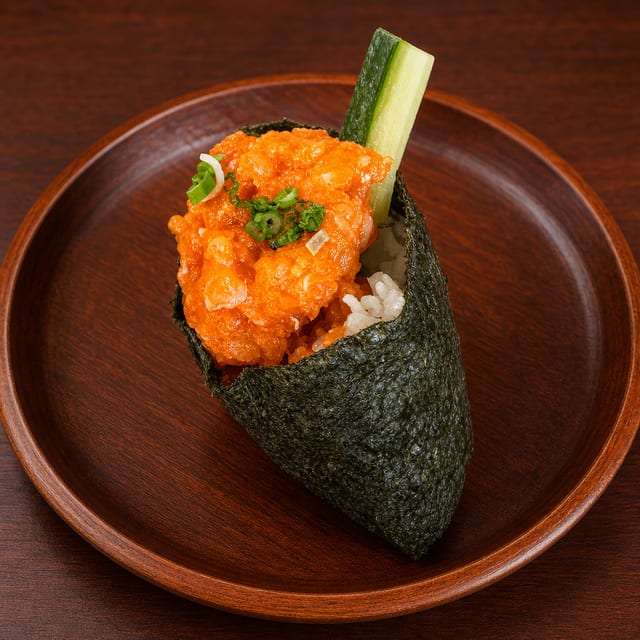 Spicy Salmon Hand Roll.