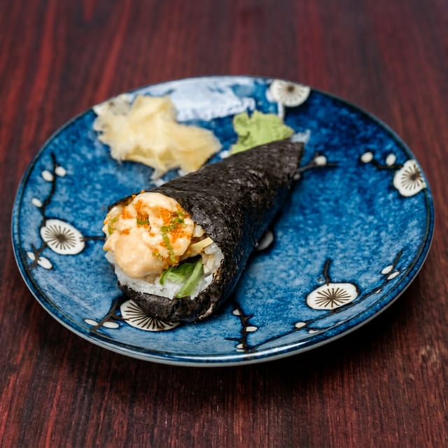 Spicy Scallop Hand Roll.