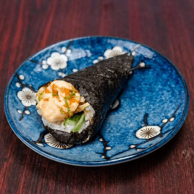 Spicy Scallop Hand Roll.